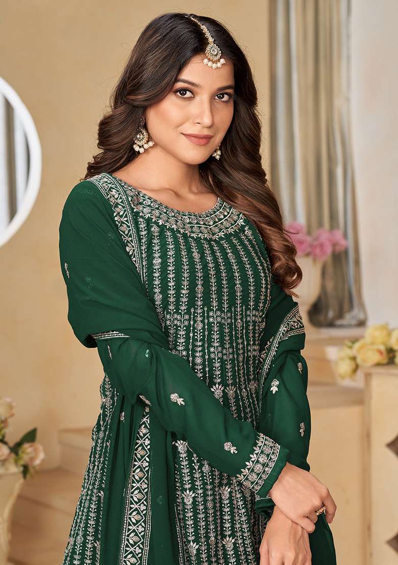 Green Embroidered Faux Georgette Kurta Set - Indya