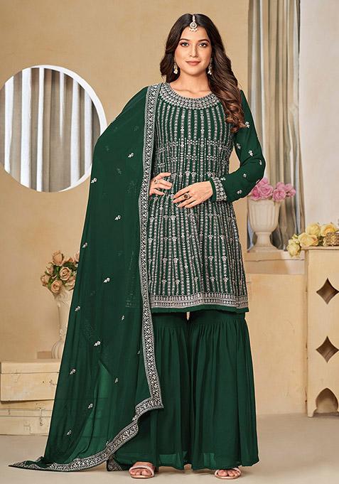 Green Embroidered Faux Georgette Kurta Set