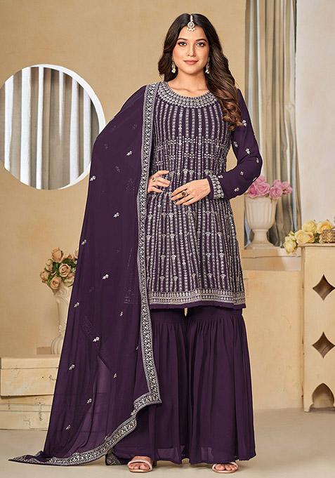 Purple Embroidered Faux Georgette Kurta Set