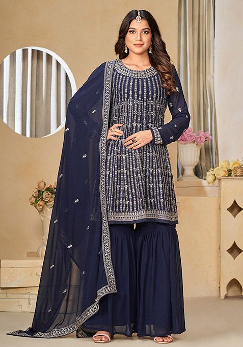 Blue Embroidered Faux Georgette Kurta Set