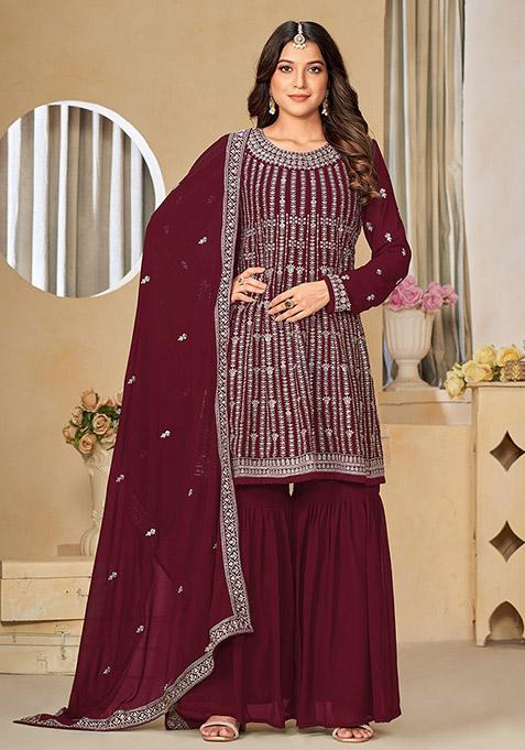 Maroon Embroidered Faux Georgette Kurta Set