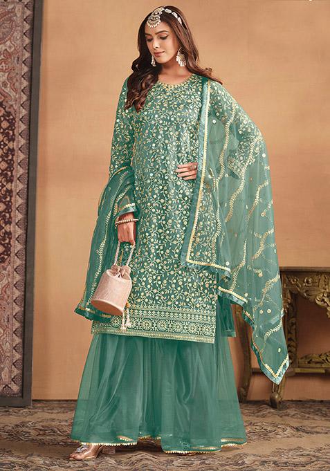 Sea Green Embroidered Net Kurta Set