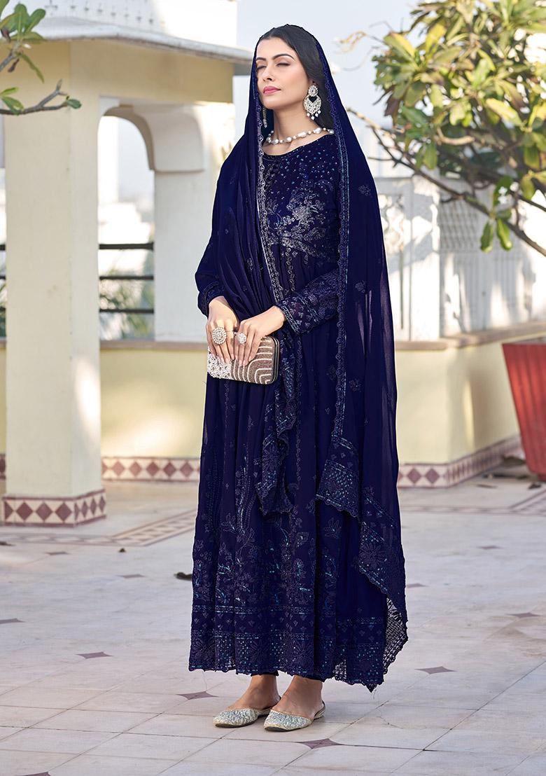 Blue Thread Embroidered Georgette Kurta Set - Indya