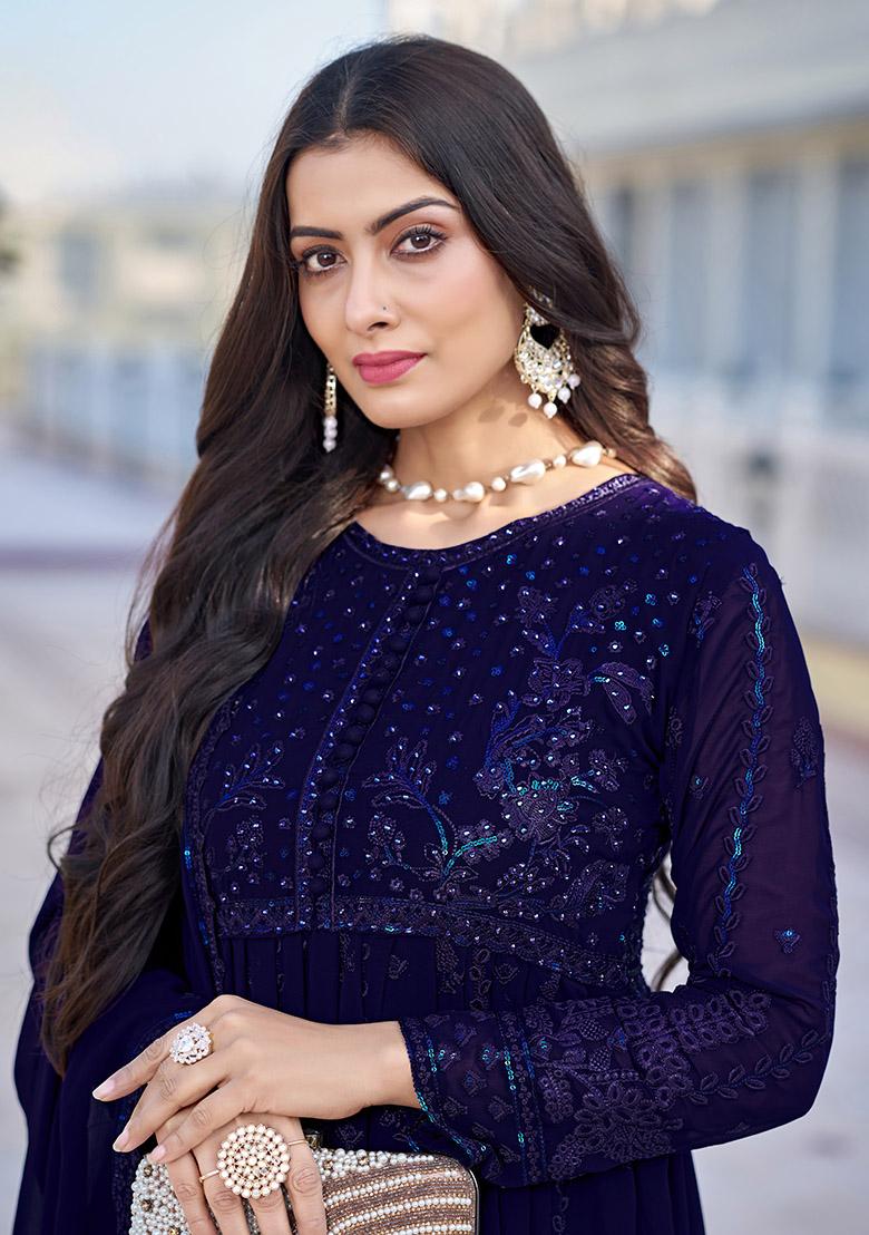 Blue Thread Embroidered Georgette Kurta Set - Indya