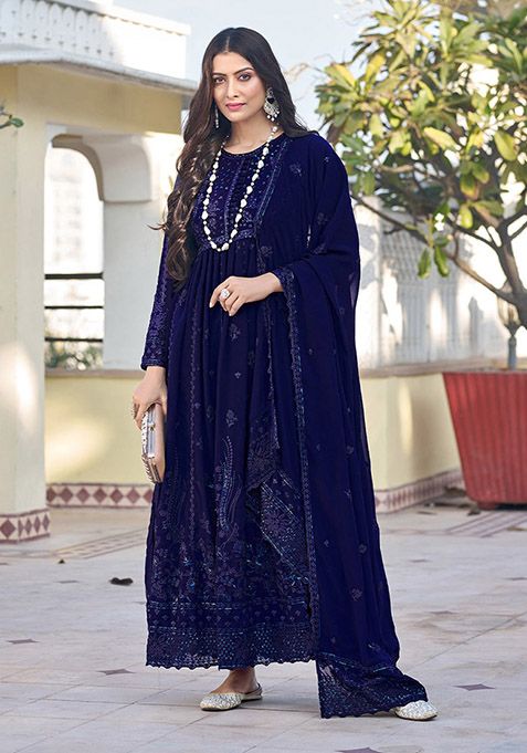 Blue Thread Embroidered Georgette Kurta Set