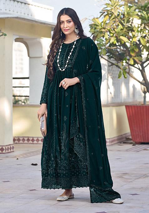 Green Thread Embroidered Georgette Kurta Set