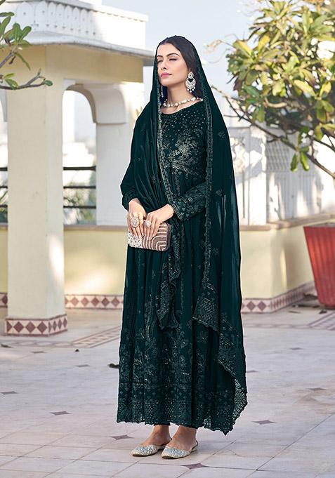 Green Thread Embroidered Georgette Kurta Set