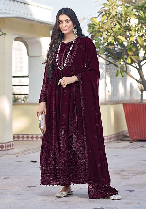 Wine Thread Embroidered Georgette Kurta Set