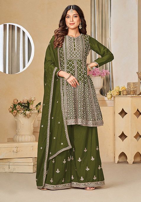 Mehendi Green Embroidered Chinon Kurta Set