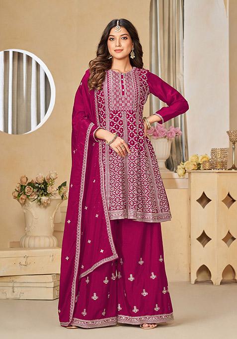 Pink Embroidered Chinon Kurta Set