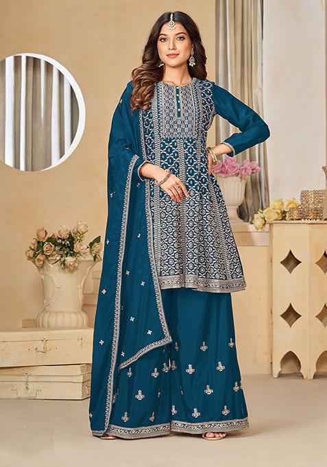 Teal Blue Embroidered Chinon Kurta Set