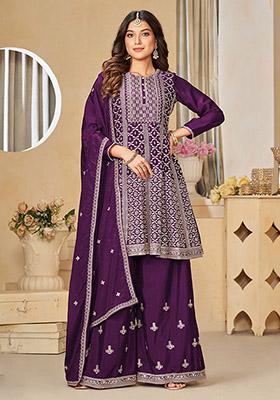 Wine Embroidered Chinon Kurta Set