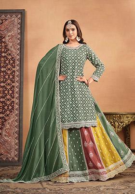 Green Embroidered Chinon Kurta Set