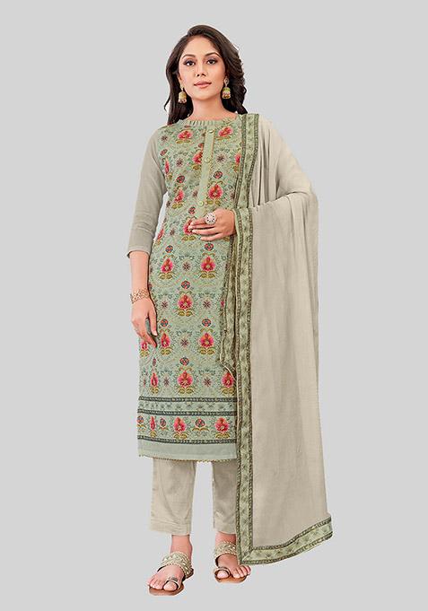 Grey Embroidered Chanderi Silk Kurta Set