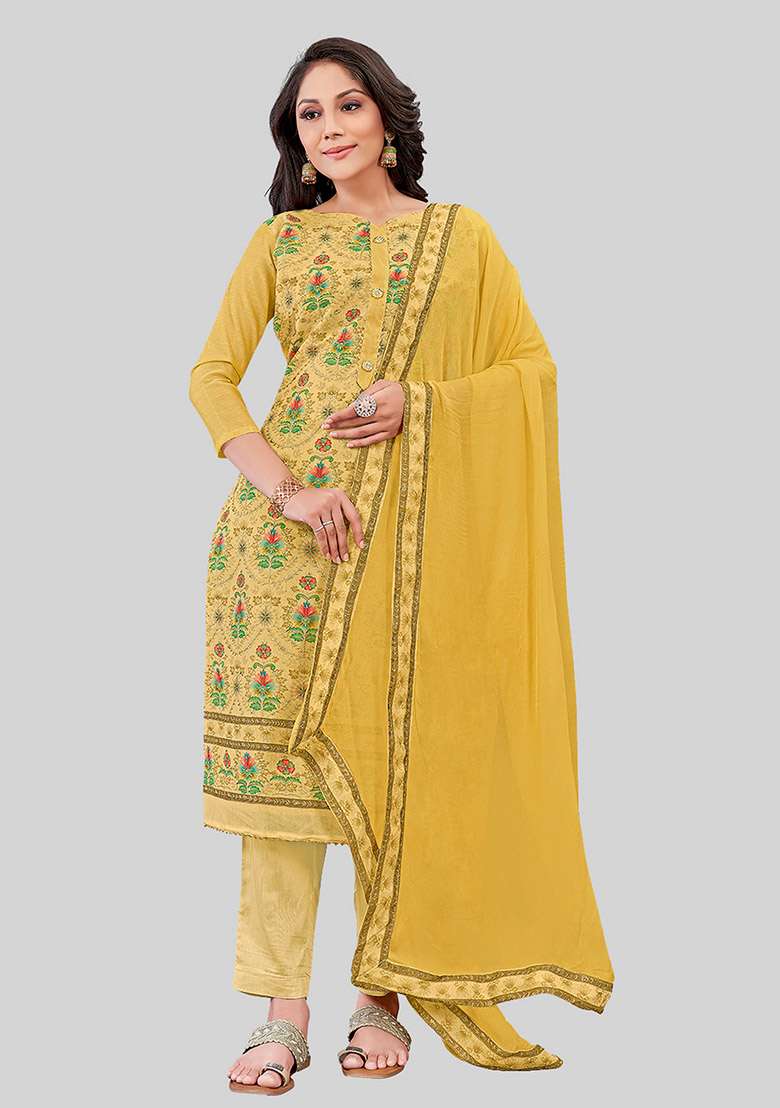 Mustard Embroidered Chanderi Silk Kurta Set - Indya
