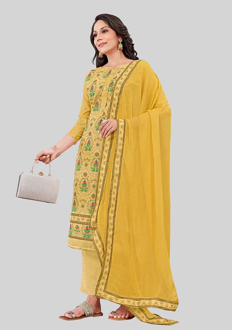 Mustard Embroidered Chanderi Silk Kurta Set - Indya