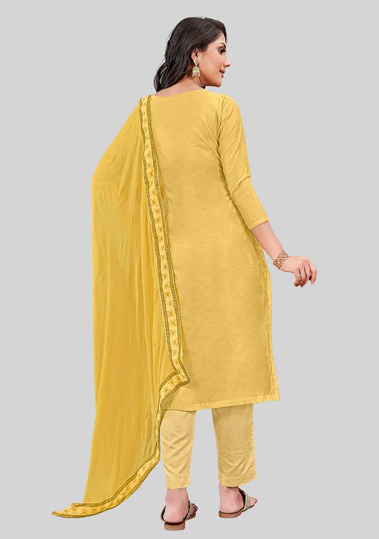 Mustard Embroidered Chanderi Silk Kurta Set - Indya