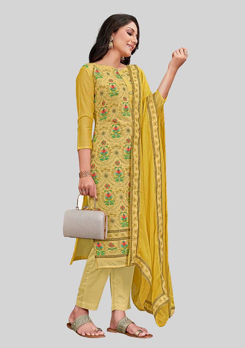 Mustard Embroidered Chanderi Silk Kurta Set - Indya