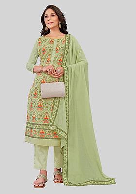 Pista Green Embroidered Chanderi Silk Kurta Set