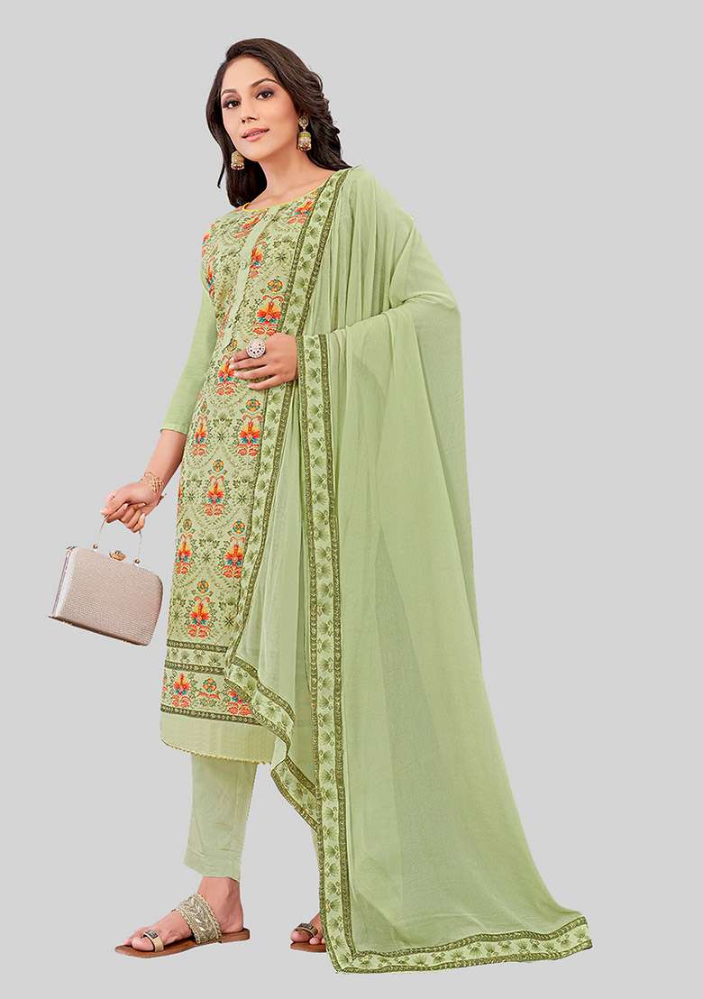 Pista Green Embroidered Chanderi Silk Kurta Set - Indya