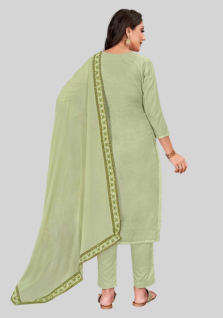 Pista Green Embroidered Chanderi Silk Kurta Set - Indya