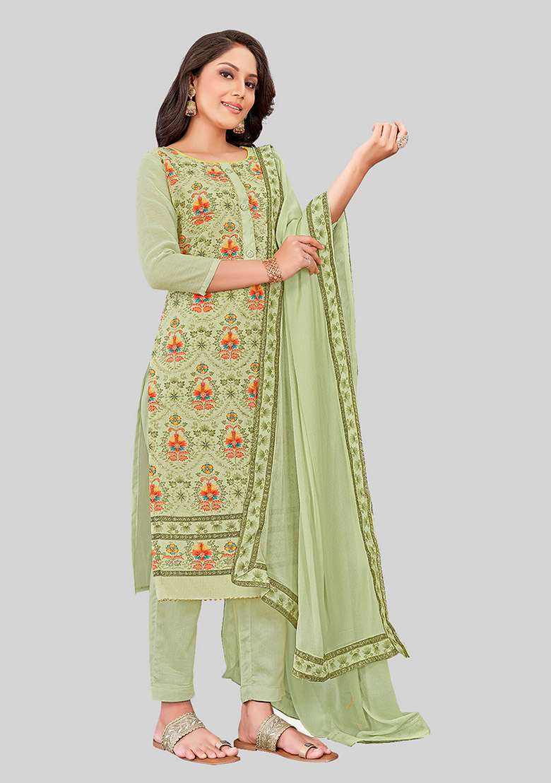 Pista Green Embroidered Chanderi Silk Kurta Set - Indya