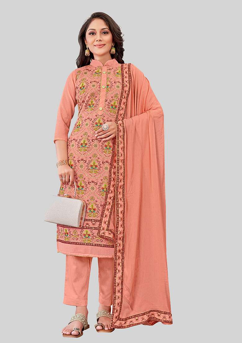 Rust Embroidered Chanderi Silk Kurta Set - Indya