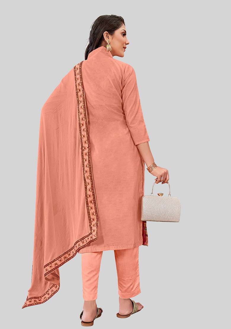 Rust Embroidered Chanderi Silk Kurta Set - Indya
