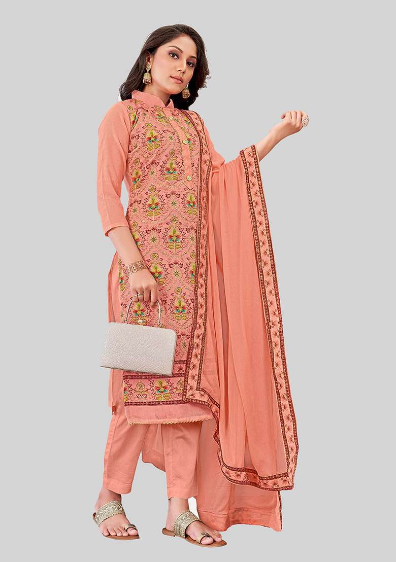 Rust Embroidered Chanderi Silk Kurta Set - Indya