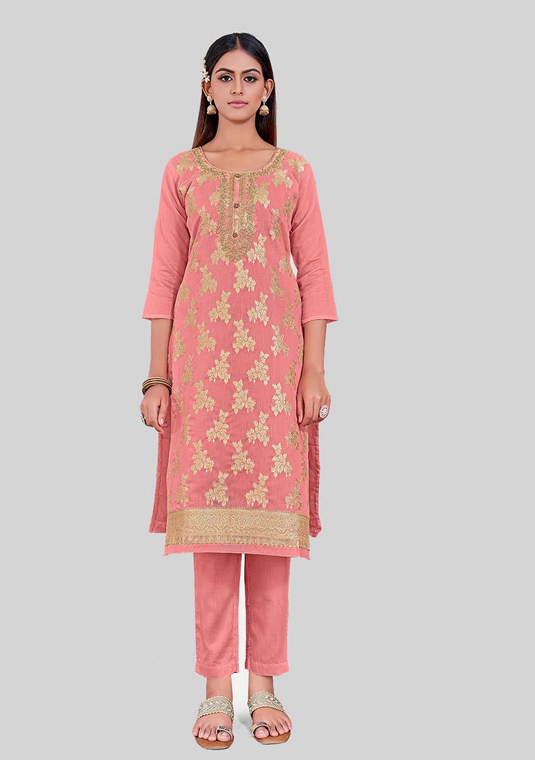 Peach Embroidered Chanderi Silk Kurta Set