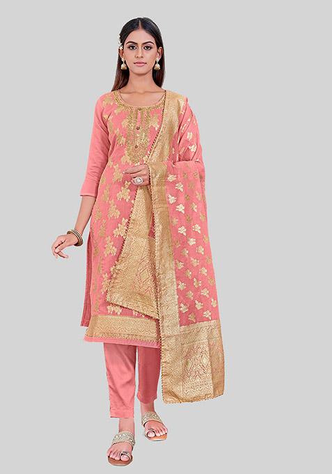 Peach Embroidered Chanderi Silk Kurta Set