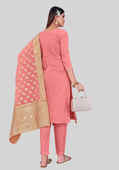 Peach Embroidered Chanderi Silk Kurta Set