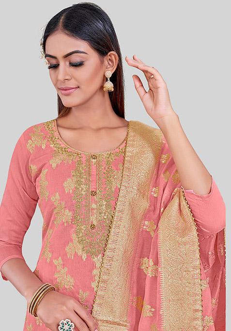 Peach Embroidered Chanderi Silk Kurta Set