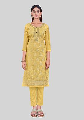 Yellow Embroidered Chanderi Silk Kurta Set