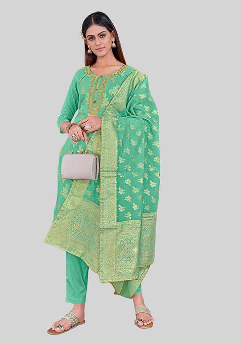 Turquoise Embroidered Chanderi Silk Kurta Set