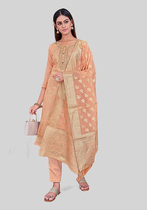 Orange Embroidered Chanderi Silk Kurta Set