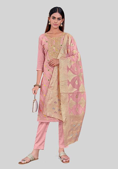 Peach Embroidered Chanderi Silk Kurta Set