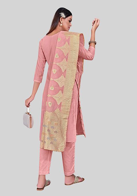 Peach Embroidered Chanderi Silk Kurta Set