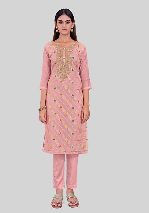 Peach Embroidered Chanderi Silk Kurta Set