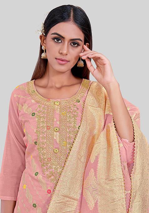 Peach Embroidered Chanderi Silk Kurta Set