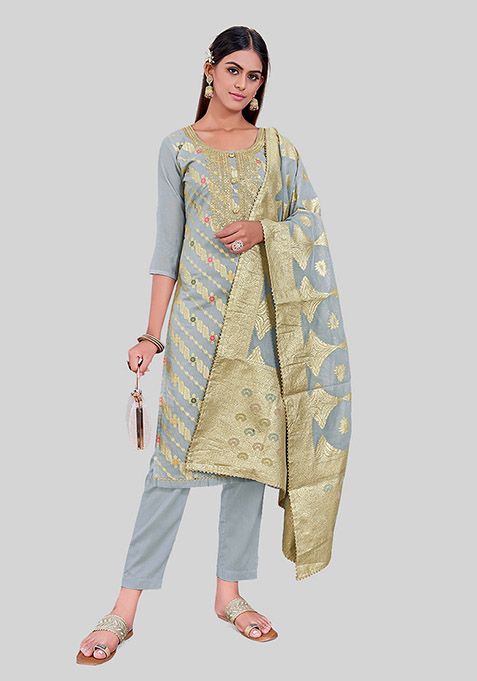 Grey Embroidered Chanderi Silk Kurta Set