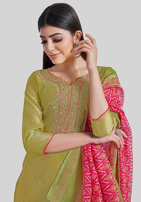 Green Embroidered Chanderi Silk Kurta Set