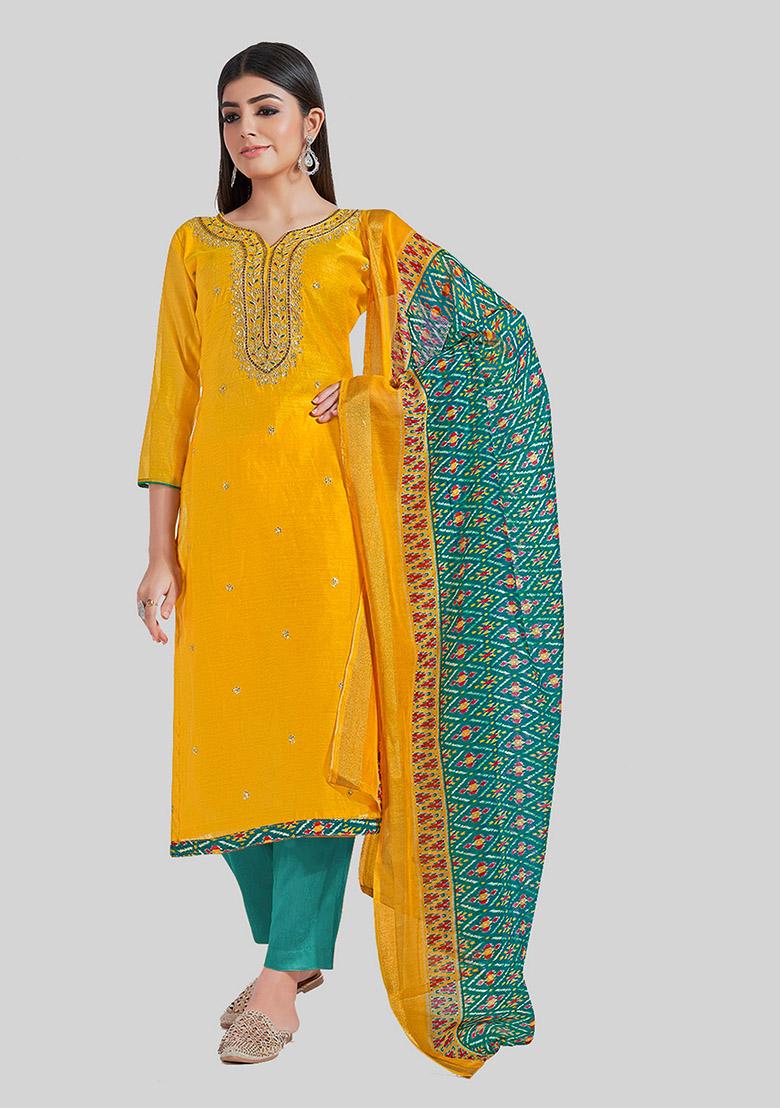 Yellow Embroidered Chanderi Silk Kurta Set