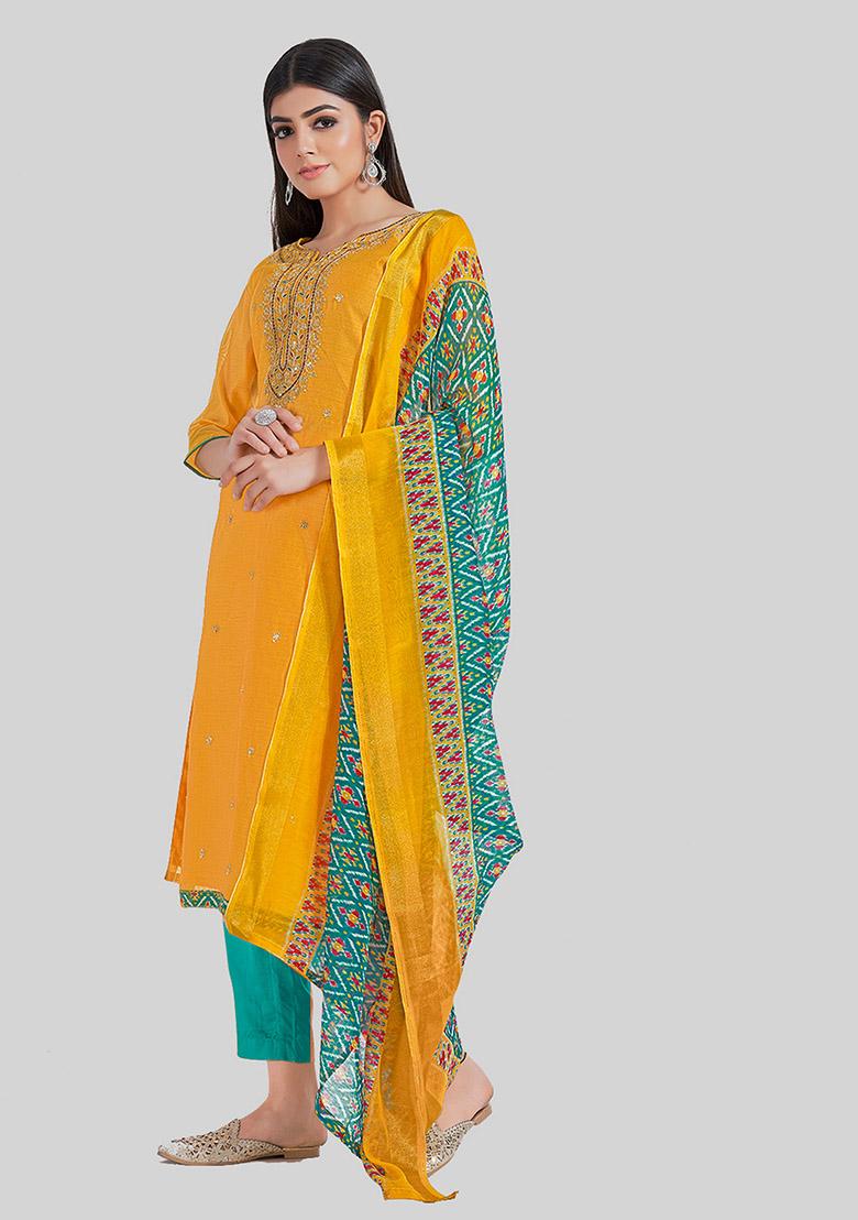 Yellow Embroidered Chanderi Silk Kurta Set