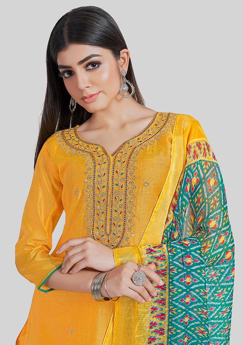 Yellow Embroidered Chanderi Silk Kurta Set