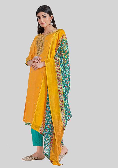 Yellow Embroidered Chanderi Silk Kurta Set