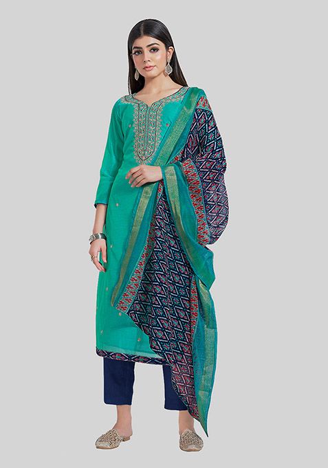 Turquoise Embroidered Chanderi Silk Kurta Set