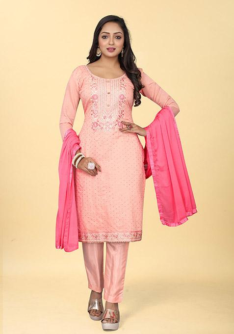 Plus Size Pink Embroidered Chanderi Silk Straight Kurta