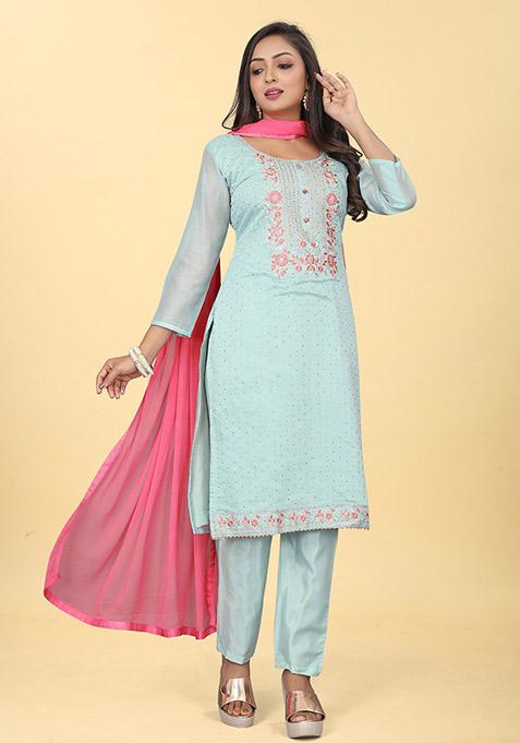 Turquoise Embroidered Chanderi Silk Kurta Set