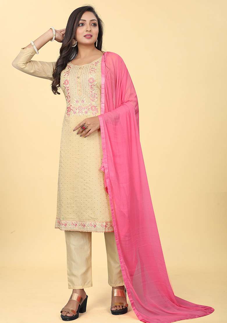Brown Embroidered Chanderi Silk Kurta Set - Indya